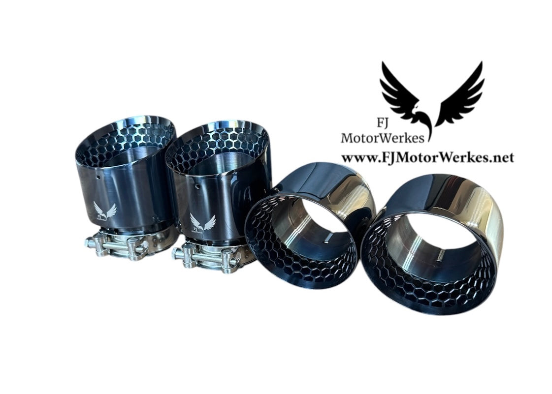 FJ Motorwerkes Bmw M3 M4 G80 G81 G82 G83 Black Chrome Honey Comb Stainless steel exhaust tips 4.5”