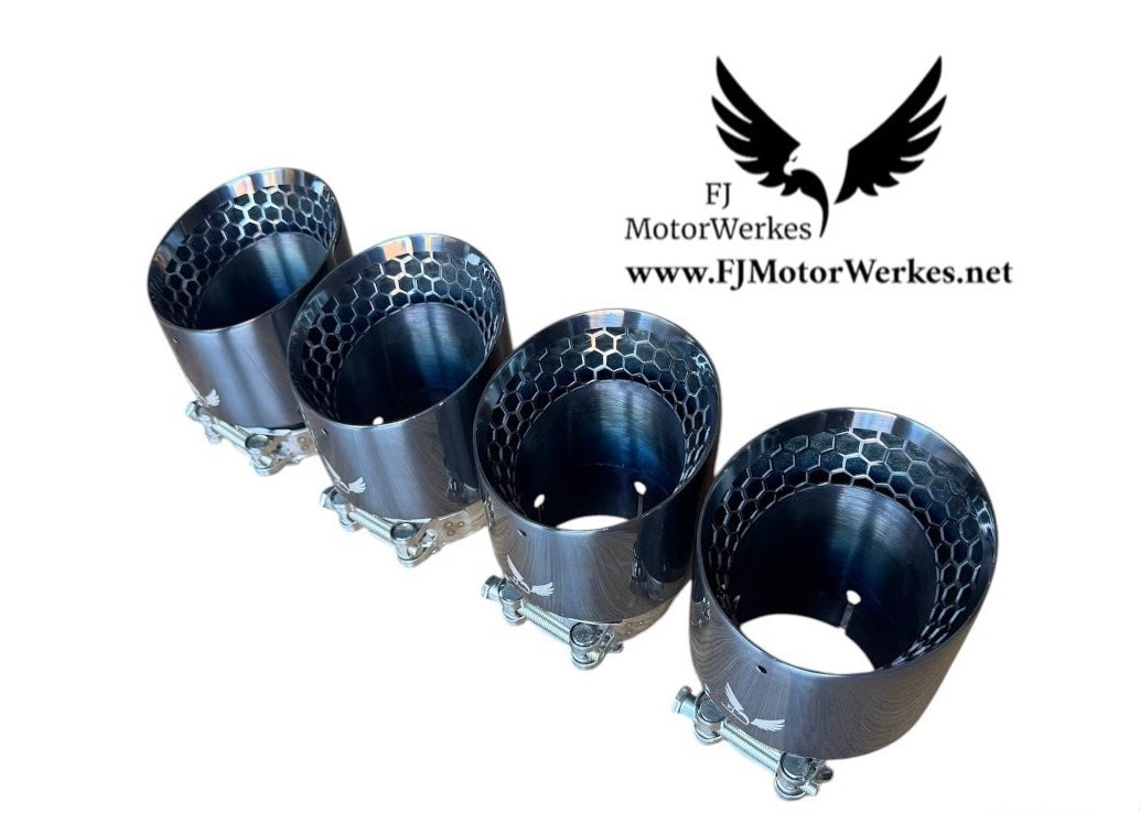 FJ Motorwerkes Bmw M3 M4 G80 G81 G82 G83 Black Chrome Honey Comb Stainless steel exhaust tips 4.5”
