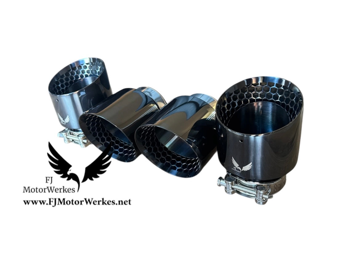 FJ Motorwerkes Bmw M3 M4 G80 G81 G82 G83 Black Chrome Honey Comb Stainless steel exhaust tips 4.5”